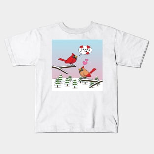 Cute Red Northern Cardinals Love Winter Landscape Kids T-Shirt